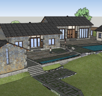 毛石民宿建筑场景sketchup模型下载